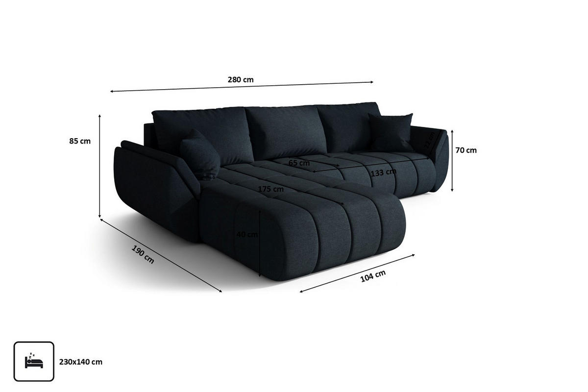 ECKSOFA TOKYO PREMIUM mit Schlaffunktion, Stoff WIND, Dunkelblau, Links - Dunkelblau, Holz (280/190cm) - Kaiser Möbel