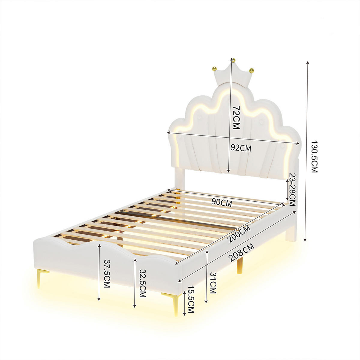 KINDERBETT 90x200 mit LED, Blütenblatt Kopfteil mit Krone, weißes PU, höhenverstellbar - Weiß, Leder/Holz (90/200cm) - GENKI LIVING