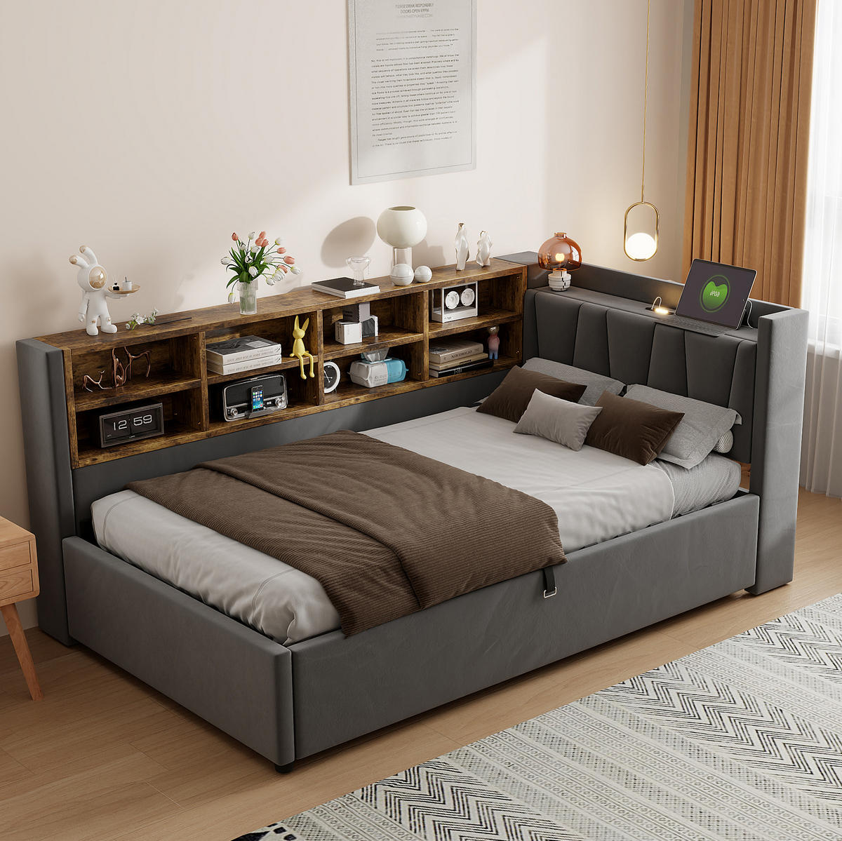 POLSTERBETT 90/200 cm mit hydraulischem Stauraum, Nachtlicht, USB- und USB-C-Anschluss sowie Seitenfächern, Grau - Dunkelgrau, Textil (90/200cm) - Redom
