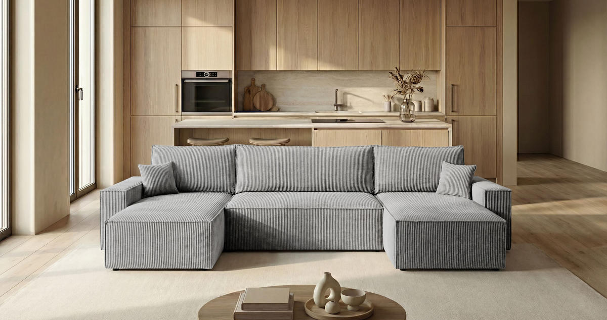 SEDACÍ souprava CALIFORNIA MINI tvar U šedá manšestr Poso 55 - funkce spaní, úložný prostor - šedá, textil (312/85/142cm) - Cornero