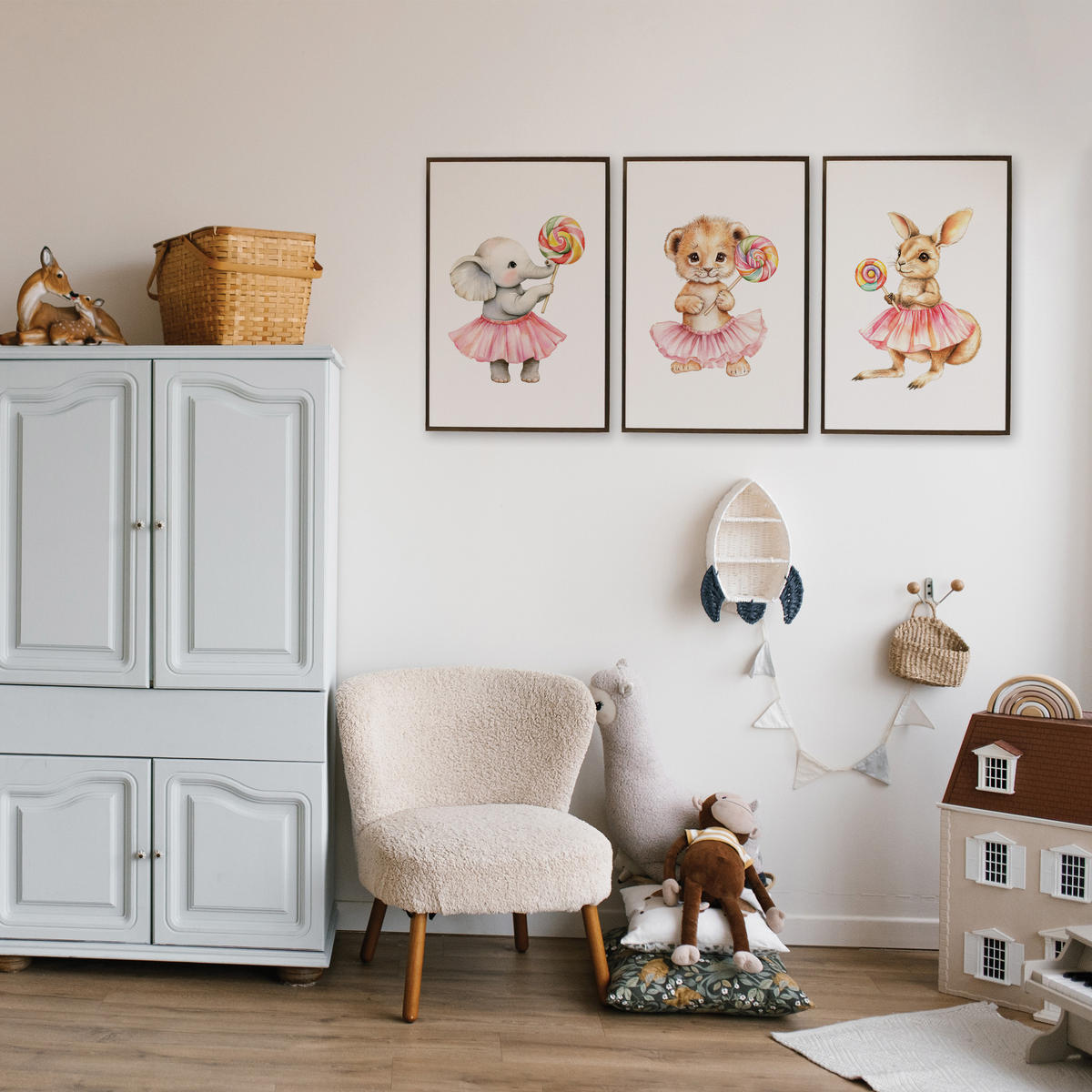 POSTER SET ohne Rahmen für Kinder TIERE mit Lutschern 3x Poster A3 30x42cm - Gelb/Beige, Papier (30/42/1cm) - Muralo