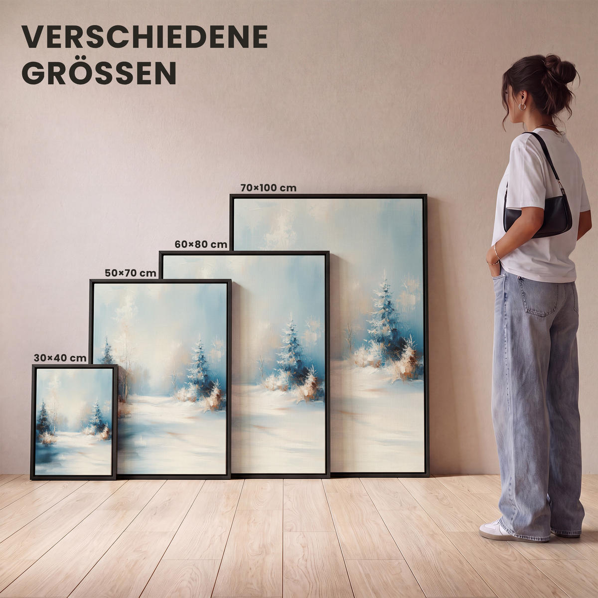 LEINWAND Bilder mit Rahmen - Wald – Winter – Natur – Abstrakt – Schnee - 30x40 - Weiß, Textil (30/40cm) - MuchoWow