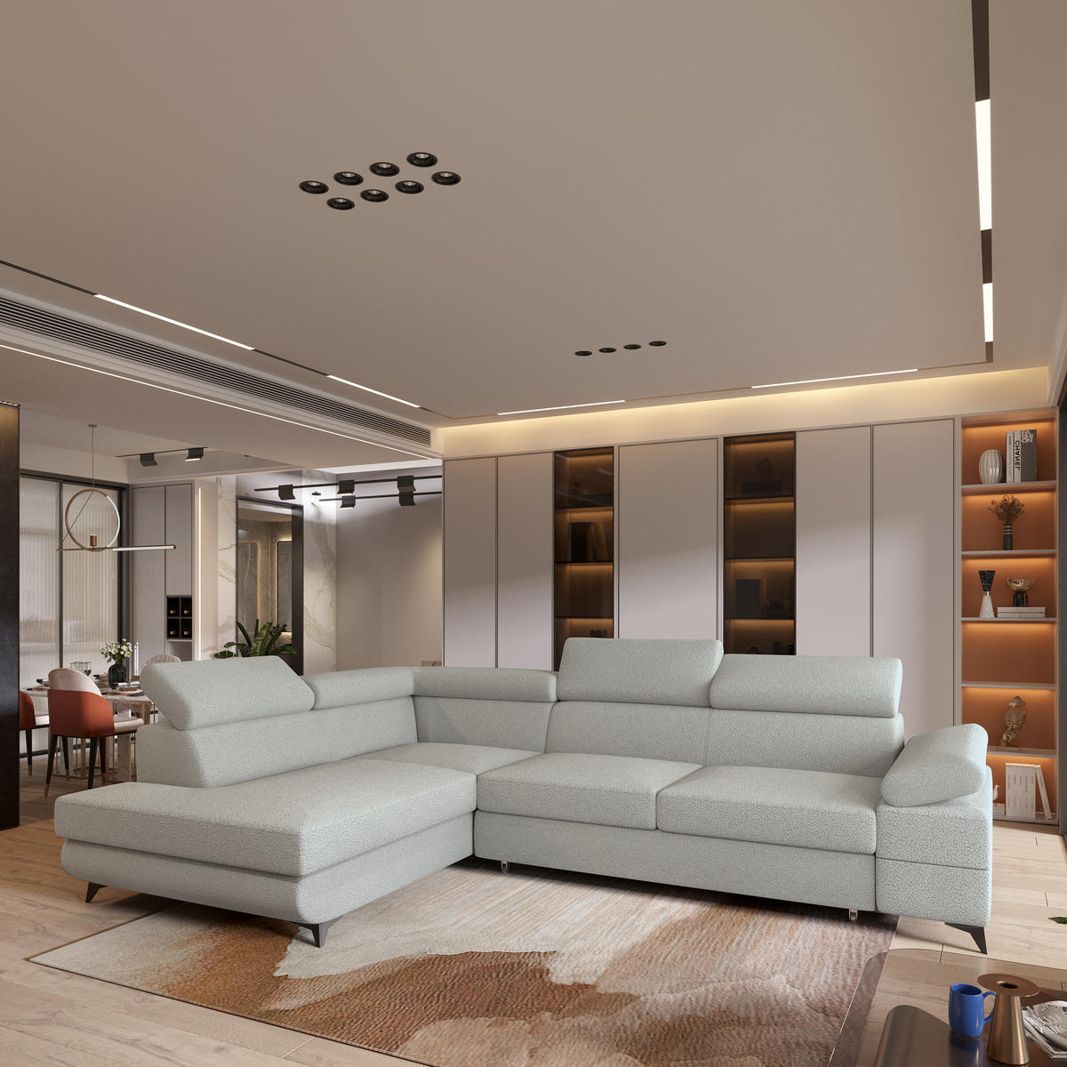 ECKSOFA FAVIEN L-S Hellgrau Boucle-Stoff mit Schlaffunktion - Hellgrau, Holz (257/190cm) - MASSENO