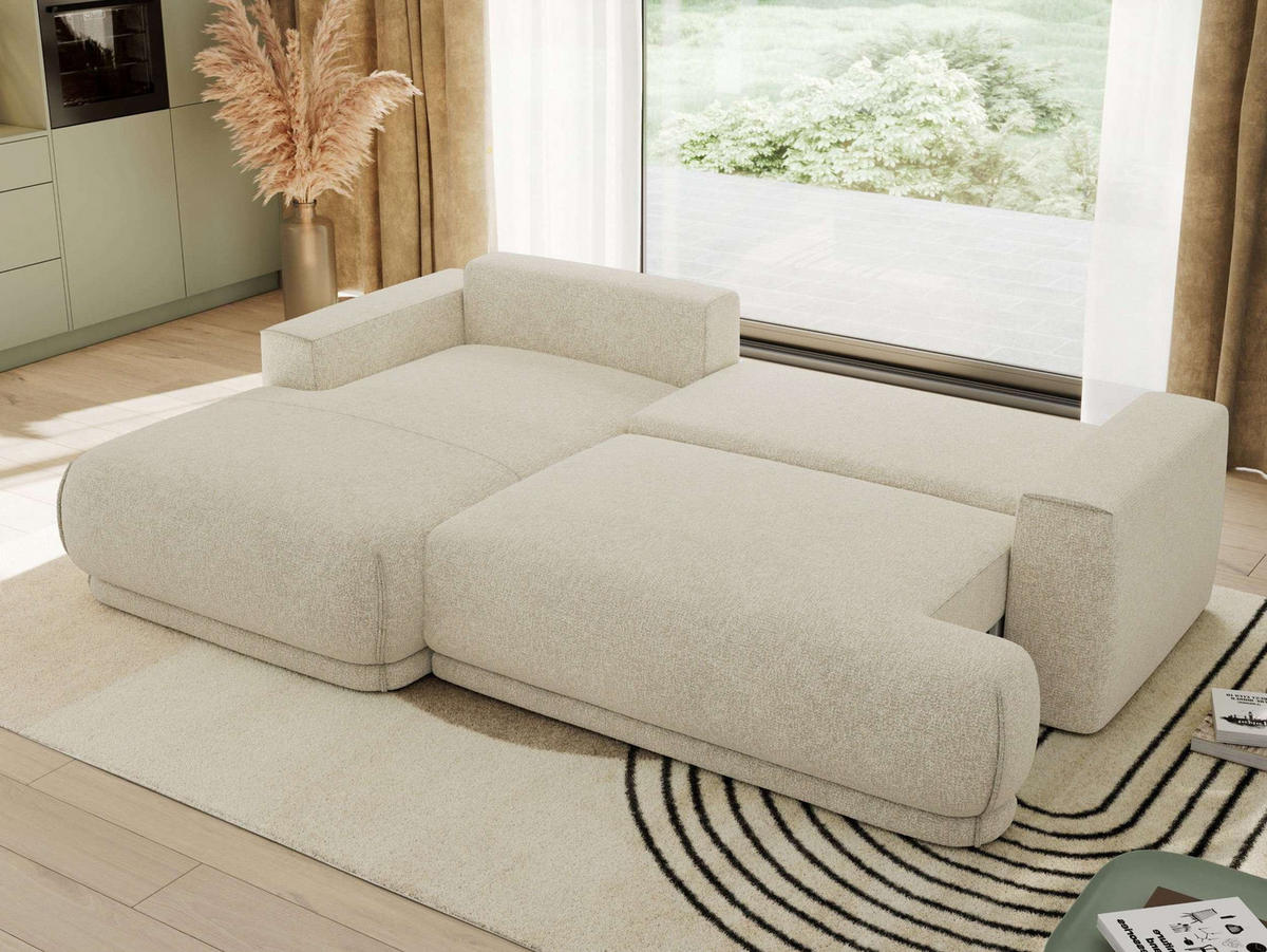 ECKSCHLAFSOFA RINA L Creme Strukture - links - Creme/Schwarz, Kunststoff/Textil (267/170cm) - MKS