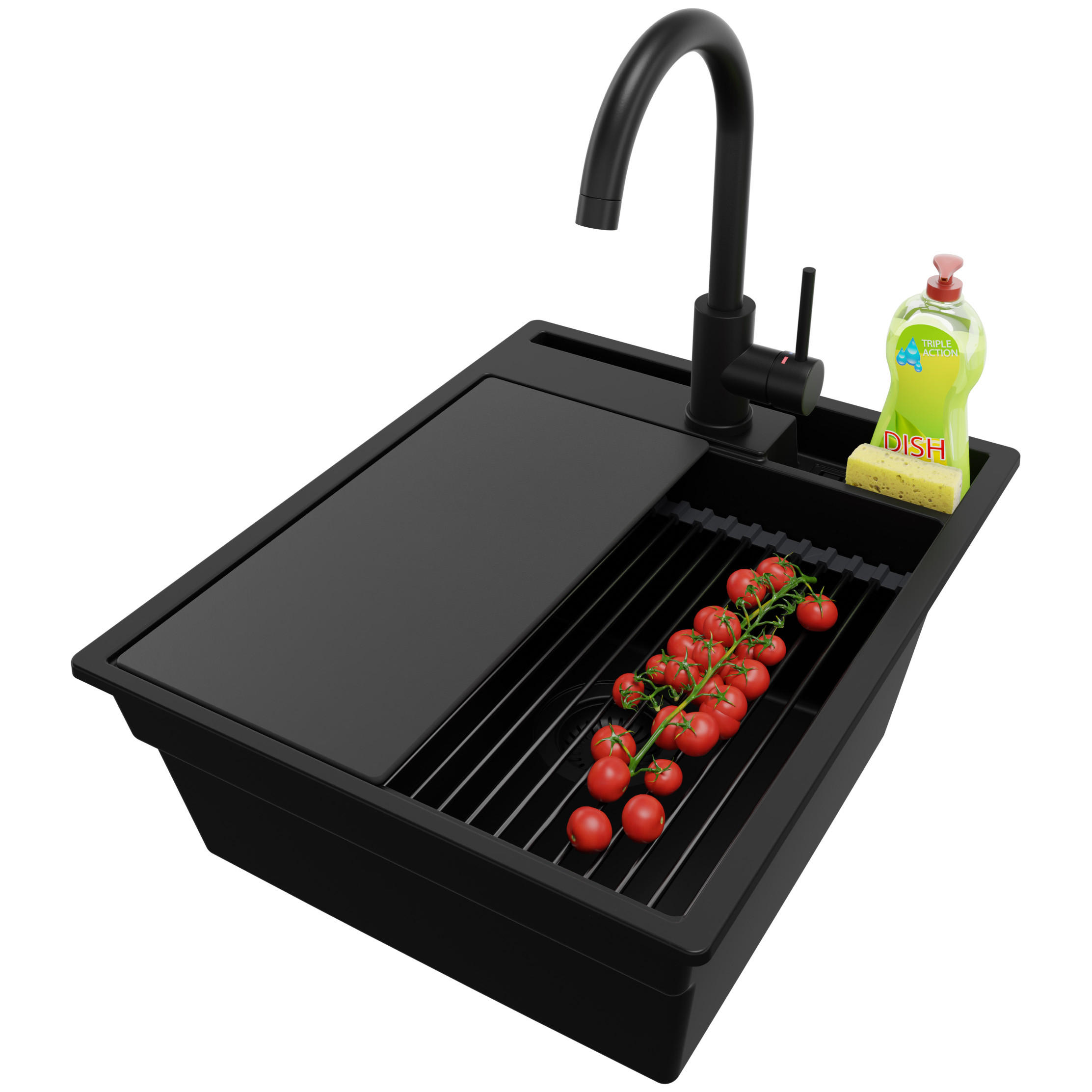 GRANITSPÜLE Oslo Pocket, 2-er set Alles Schwarz 43/53 cm 1 Becken + Küchenarmatur 32/20 cm + Ablauf-Set + Küchenzubehörset ab 45er Unterschrank - Schwarz, Kunststoff (43/20/53cm) - Primagran