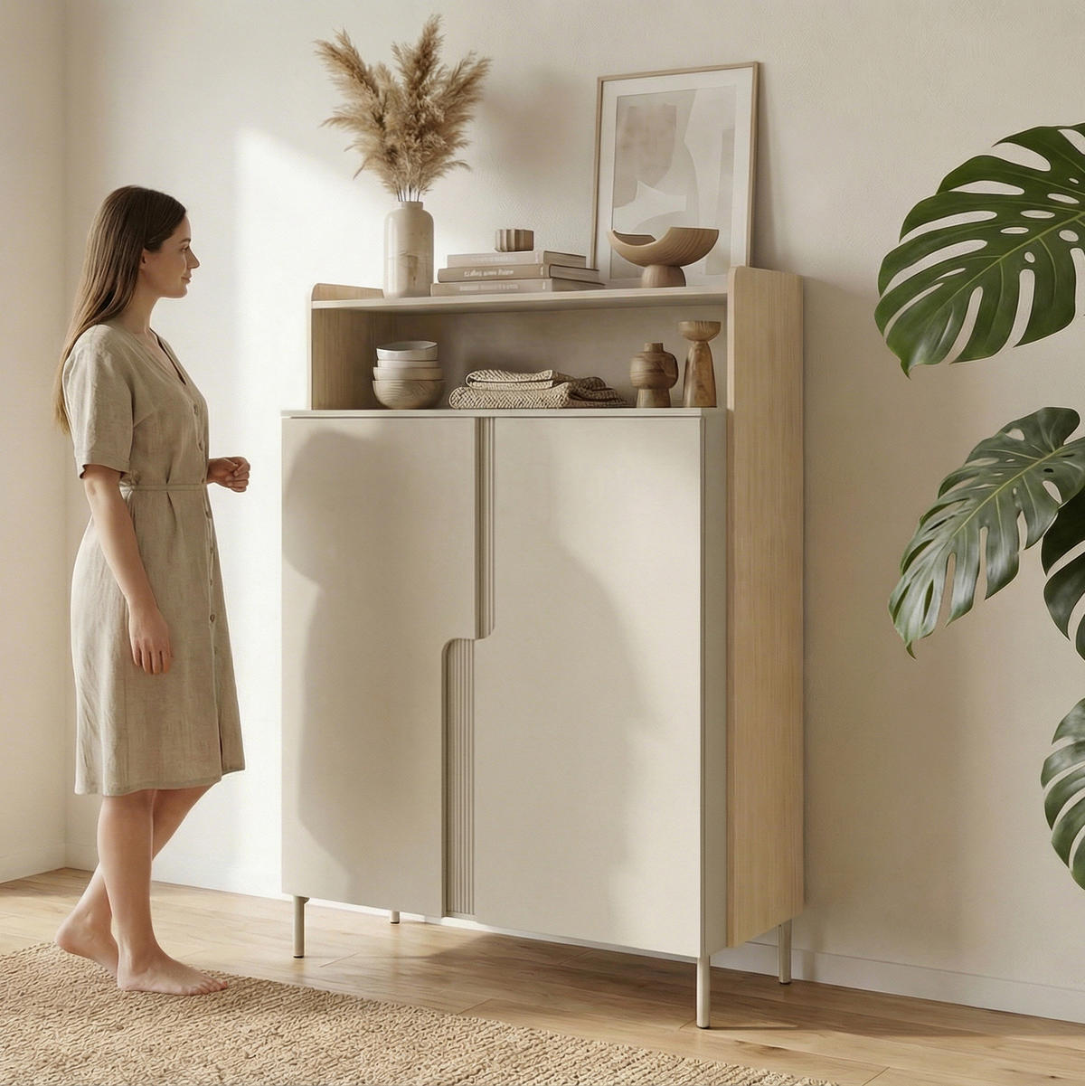 KOMMODE Positivo mit 2 Türen und offenem Regal, 103 cm, Mavelie-Eiche + Macadamia - Eichefarben, Holzwerkstoff (103/160/42cm) - Beautysofa