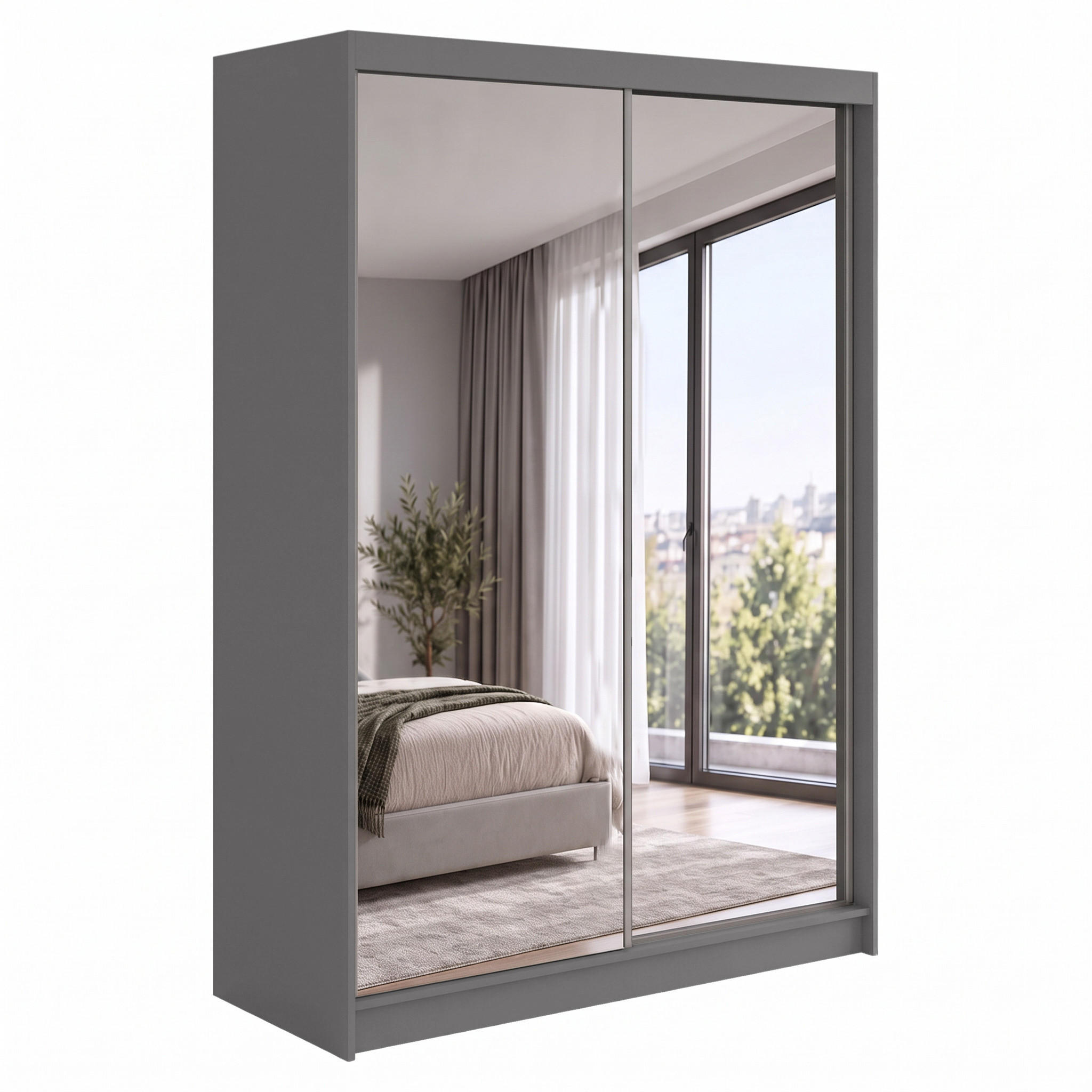 SCHWEBETÜRENSCHRANK Debra 150/216/61 graphit mit Spiegel - Graphitfarben, Holzwerkstoff (150/216/61cm) - Beautysofa