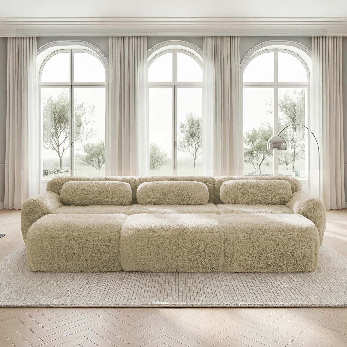 SCHLAFSOFA 3-Sitzer aus Plüschstoff mit 3 Hockern, Hellkhaki - Sandfarben, Textil (291/73/179cm)