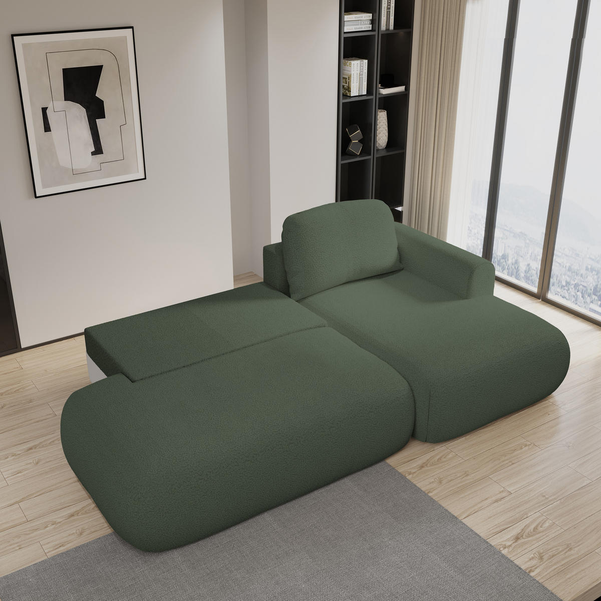 ECKSOFA NUVIRA R-S Grün Boucle-Stoff mit Schlaffunktion - Grün, Holz (274/165cm) - MASSENO