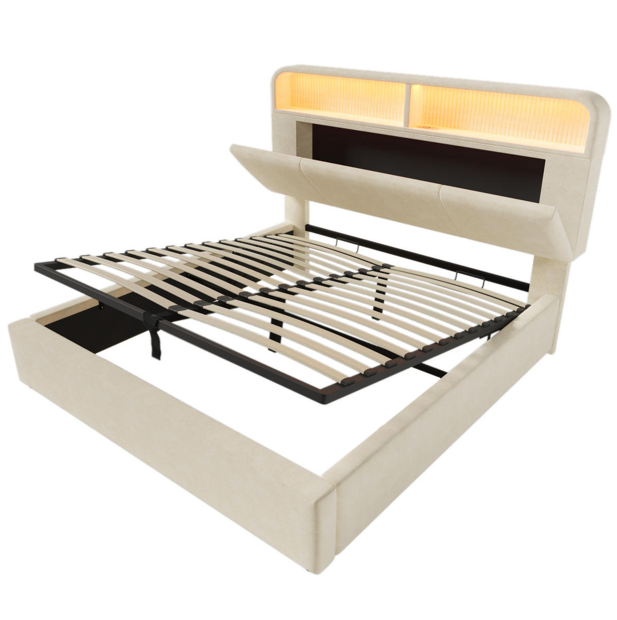 ČALOUNĚNÁ postel 140/190 cm béžová ze sametu s výškově nastavitelným úložným čelem, LED a USB/Type-C - béžová, textil (140/190cm) - OKWISH