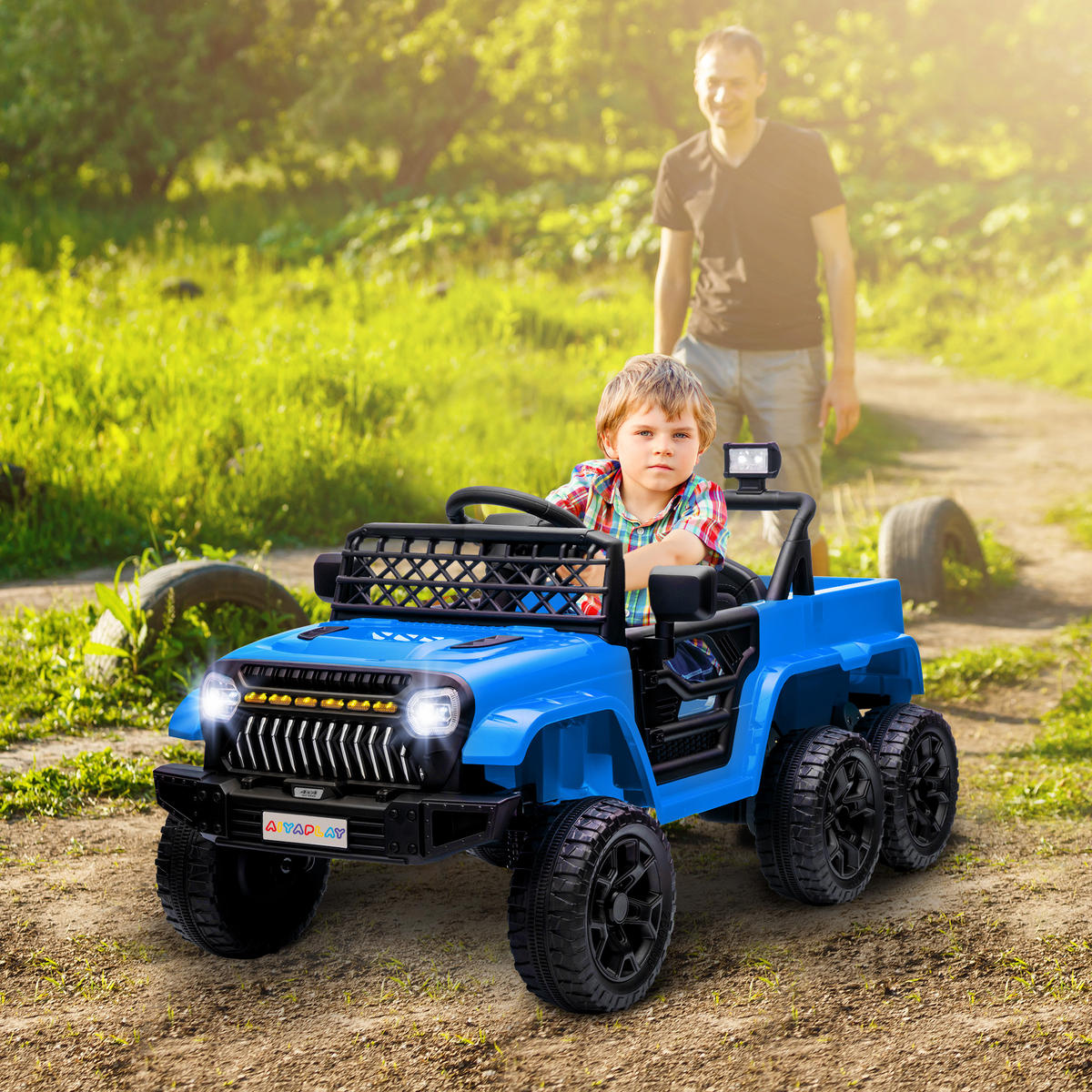 ELEKTRISCHES Kinderauto 12V, mit Anhänger, LED-Lichtern, Musik und Hupe, für Kinder im Alter von 3-8 Jahren, Hellblau - Hellblau, Kunststoff/Metall (122/62.5/65cm) - AIYAPLAY