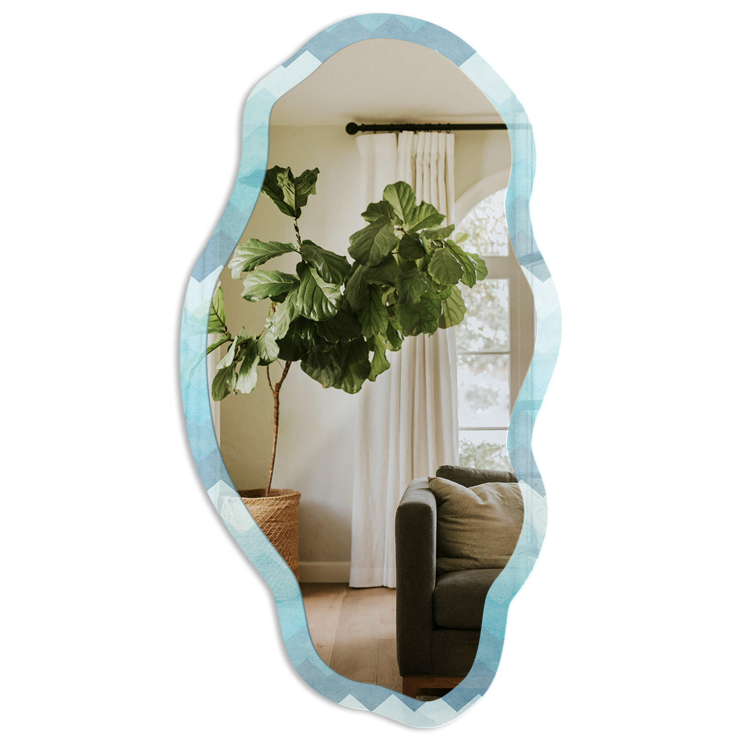 SPIEGEL 90x45 cm asymmetrisch mit Druck - Türkisfarbener Zickzack - Transparent, Glas (45/90/0.4cm) - TULUP