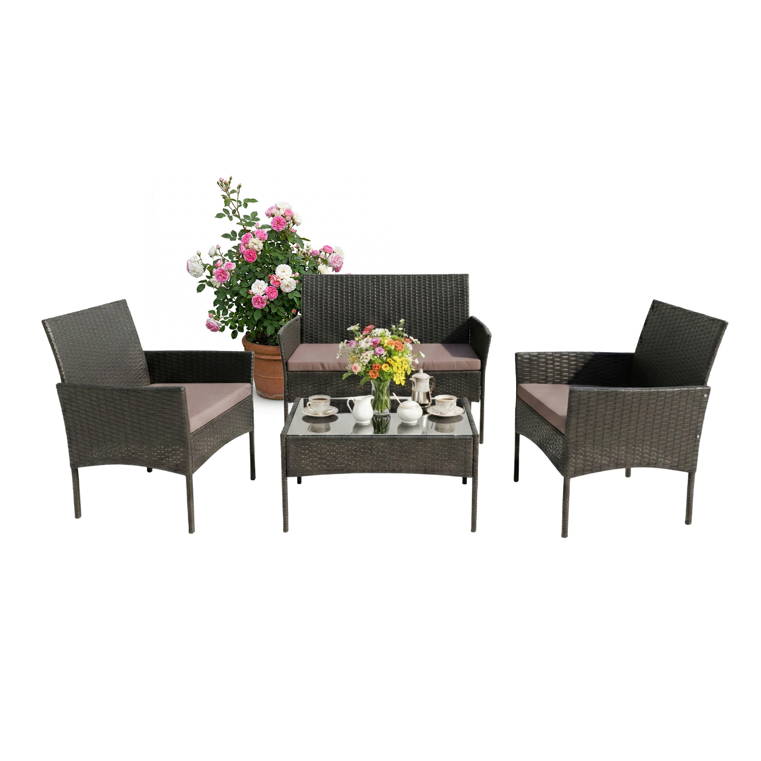 4-TLG.GARTENMÖBEL-SET - Schwarz, Glas/Kunststoff - Relaxdays