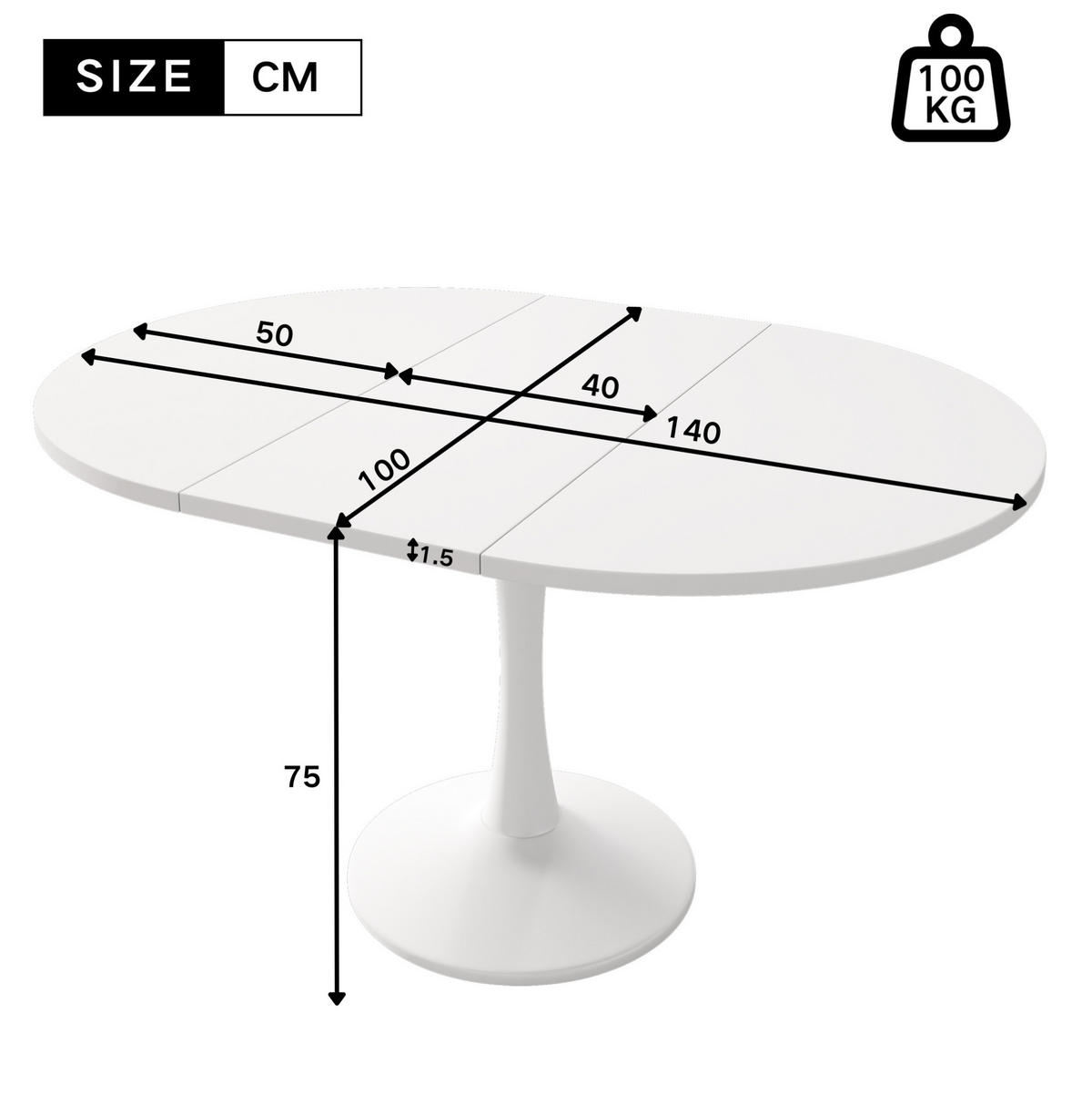 ESSTISCH oval 100/100/75 cm weiß mit modernem Design - Weiß, Holzwerkstoff (100/140/75cm) - OKWISH