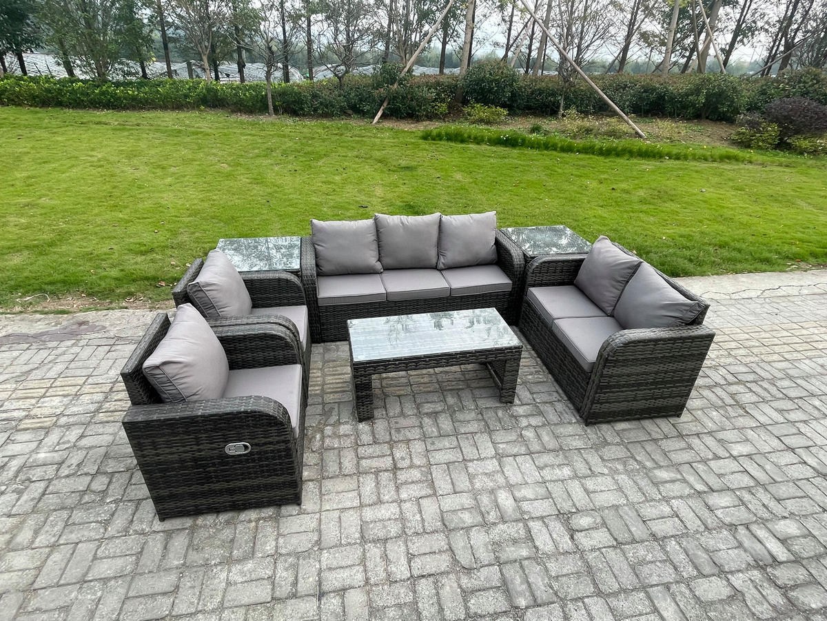 GARTENSOFA SET mit rechteckigem COUCHTISCH Polyrattan 7-Sitzer Dunkelgrau - Dunkelgrau/Grau, Glas/Kunststoff - Fimous