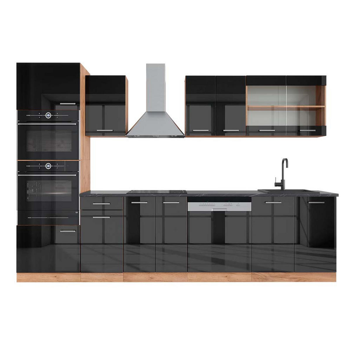 KÜCHENZEILE R-Line Anthrazit Hochglanz/Goldkraft Eiche 300 cm AP Anthrazit - Honigeiche/Anthrazit, Holzwerkstoff (300/81.6/60cm) - Vicco