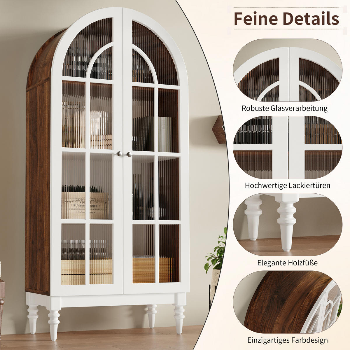 HIGHBOARD Weiß 76×38,5×165 cm mit Bogenfront und Riffelglas-Türen aus Holzwerkstoff - Weiß, Holzwerkstoff (76/165/38.5cm) - Luhomfu