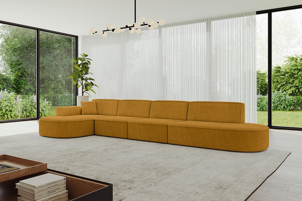 ECKSOFA Ottomane Links MARI-L3 - 402x163x73,5 cm Senfgelb Cord - Gelb/Schwarz, Holzwerkstoff/Kunststoff (165/406cm) - ALTDECOR