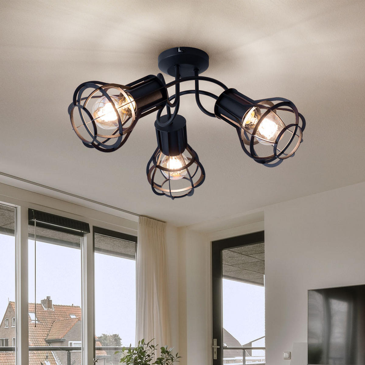 DECKENLEUCHTE Gitteroptik Schwarz-matt - Schwarz, Metall (47/47/25cm) - Globo Lighting
