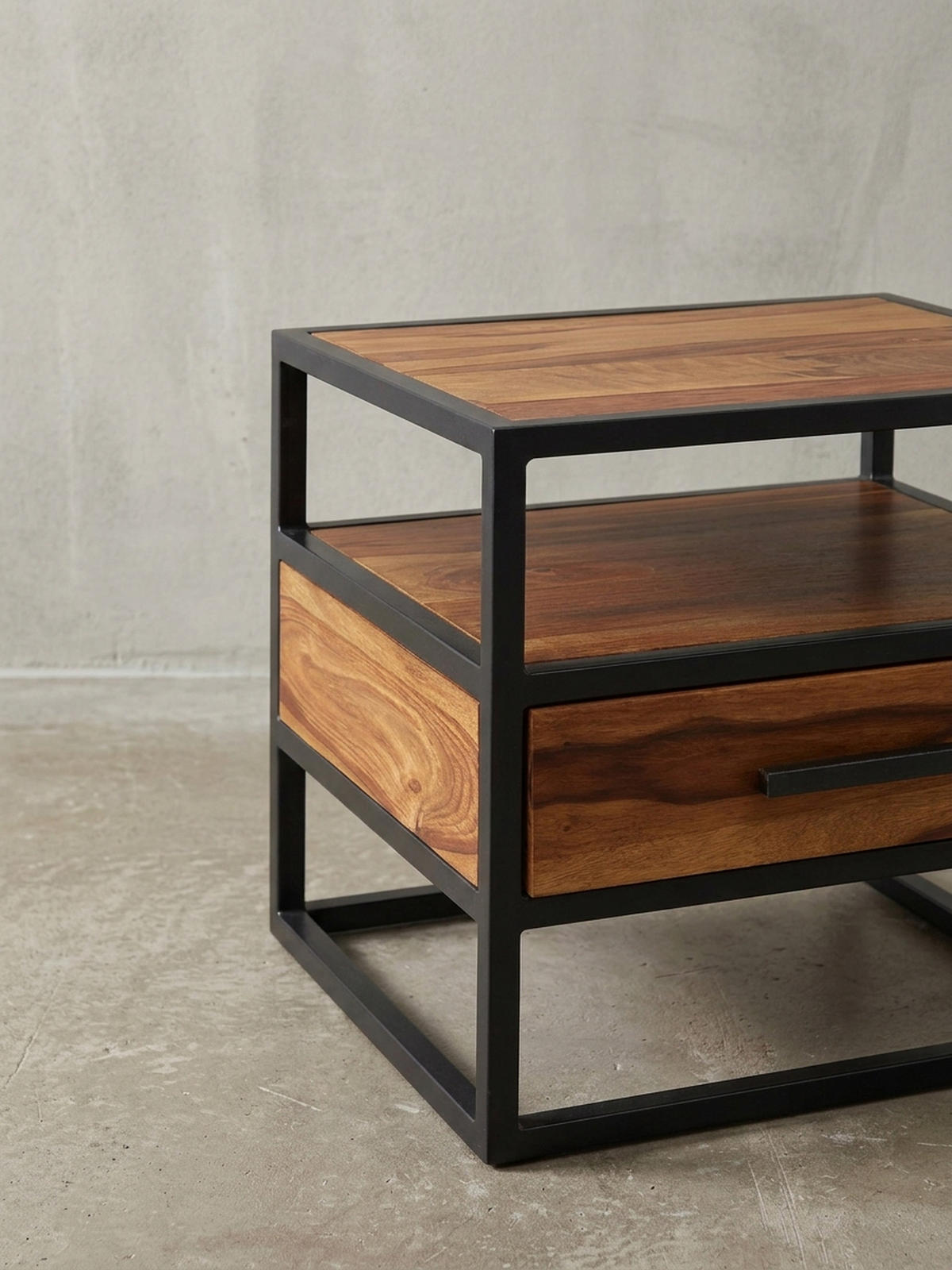 NACHTTISCH – Massivholz/Stahl, mit Stauraum, Industrial-Stil - Schwarz/Braun, Holz/Metall (50/45/45cm) - KADIMA DESIGN