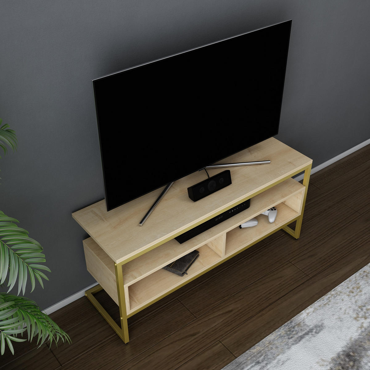 TV-ELEMENT Merrion Gold und Eiche Safir - Eichefarben/Goldfarben, Holzwerkstoff (111/51/35cm) - Decorotika