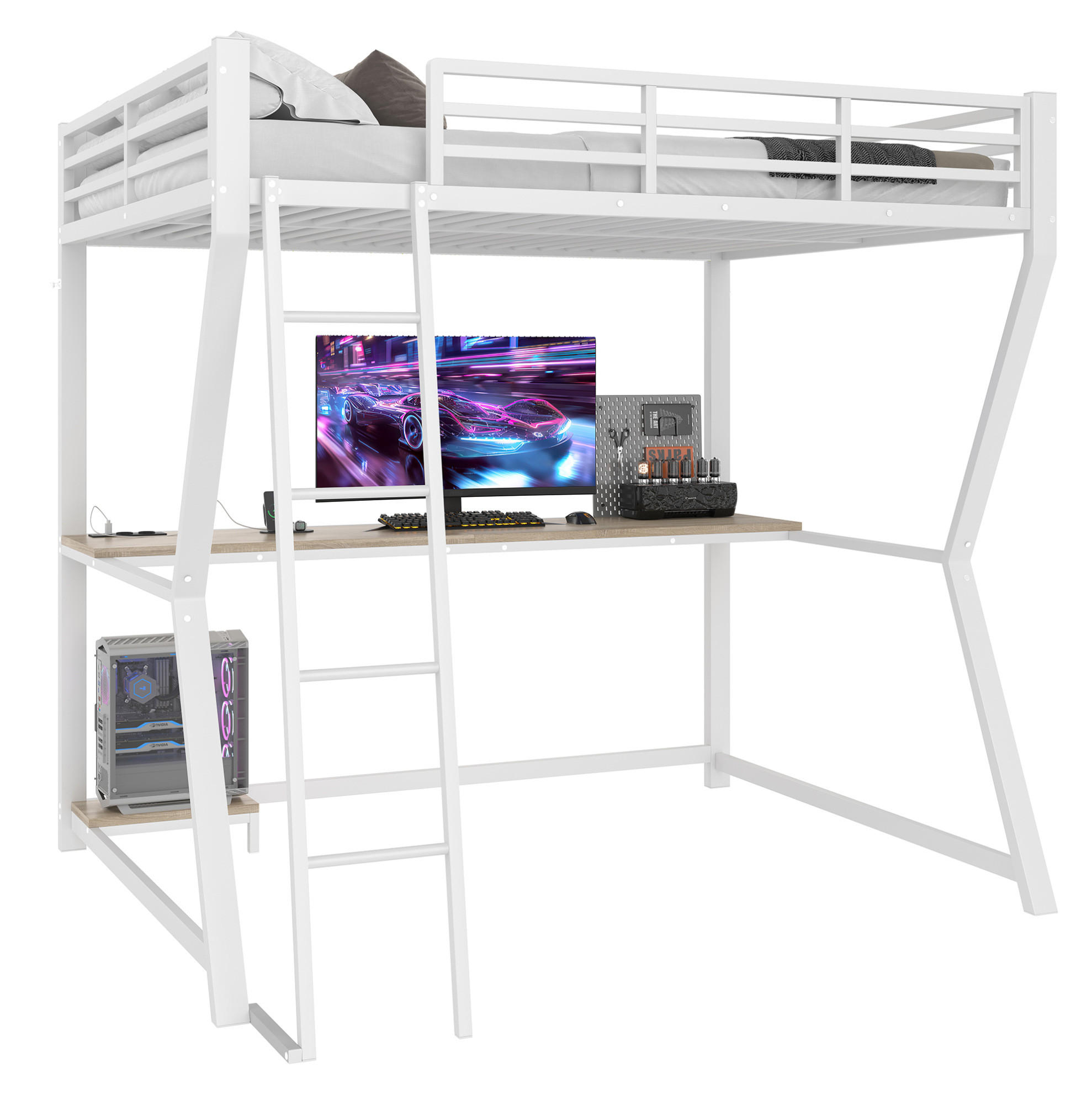 HOCHBETT 140/200 cm Weiß mit LED und Schreibtisch ohne Matratze - Weiß, Metall (140/200cm) - MIVRAY