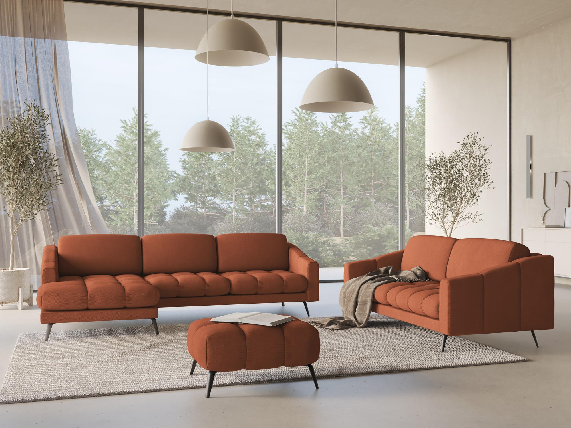 ECKOSFA Links Chenille Stoff Orange - Terracotta/Schwarz, Kunststoff/Textil (160/264cm) - Makamii