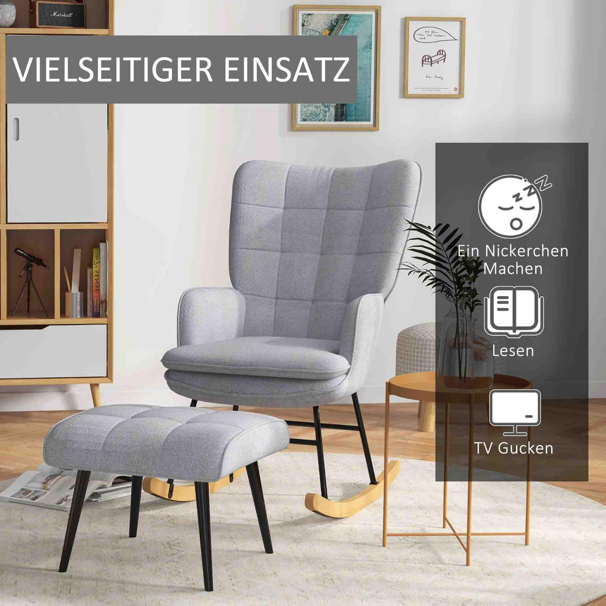 SCHAUKELSTUHL Schwingsessel mit Hocker Armlehnsessel Relaxsessel mit Leinenoptik - Hellgrau/Schwarz, Buchenholz/Textil (89/90/64cm) - HOMCOM