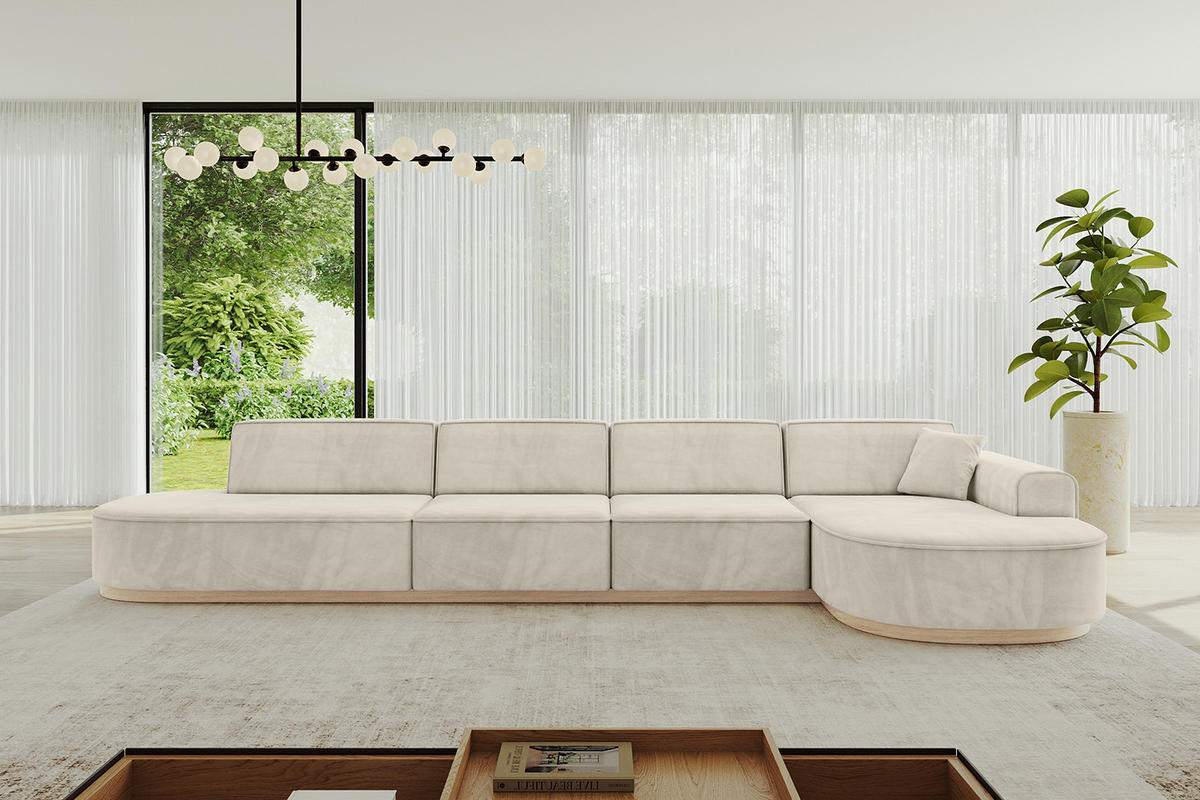 ECKSOFA Ottomane Rechts MARI-L3-v1 - 413x171x83 cm Ecru Velours - Ecru, Holzwerkstoff/Textil (171/413cm) - ALTDECOR
