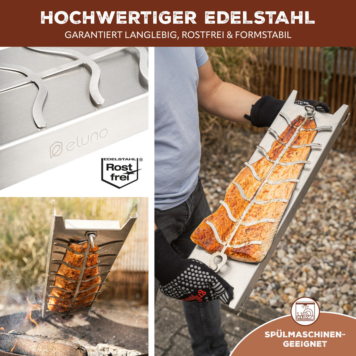 FLAMMLACHSBRETT aus Edelstahl - Edelstahlfarben, Metall (16/60/4cm) - eluno