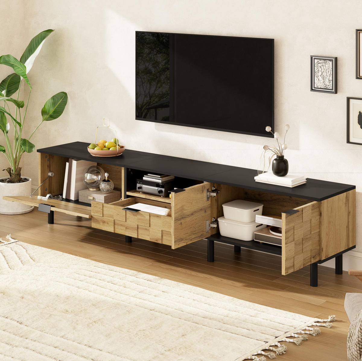 TV-LOWBOARD 170/35/44,5 cm Natur-Schwarz aus Spanplatte mit Mosaik-Türen - Naturfarben, Holzwerkstoff (35/44.5/170cm) - OKWISH