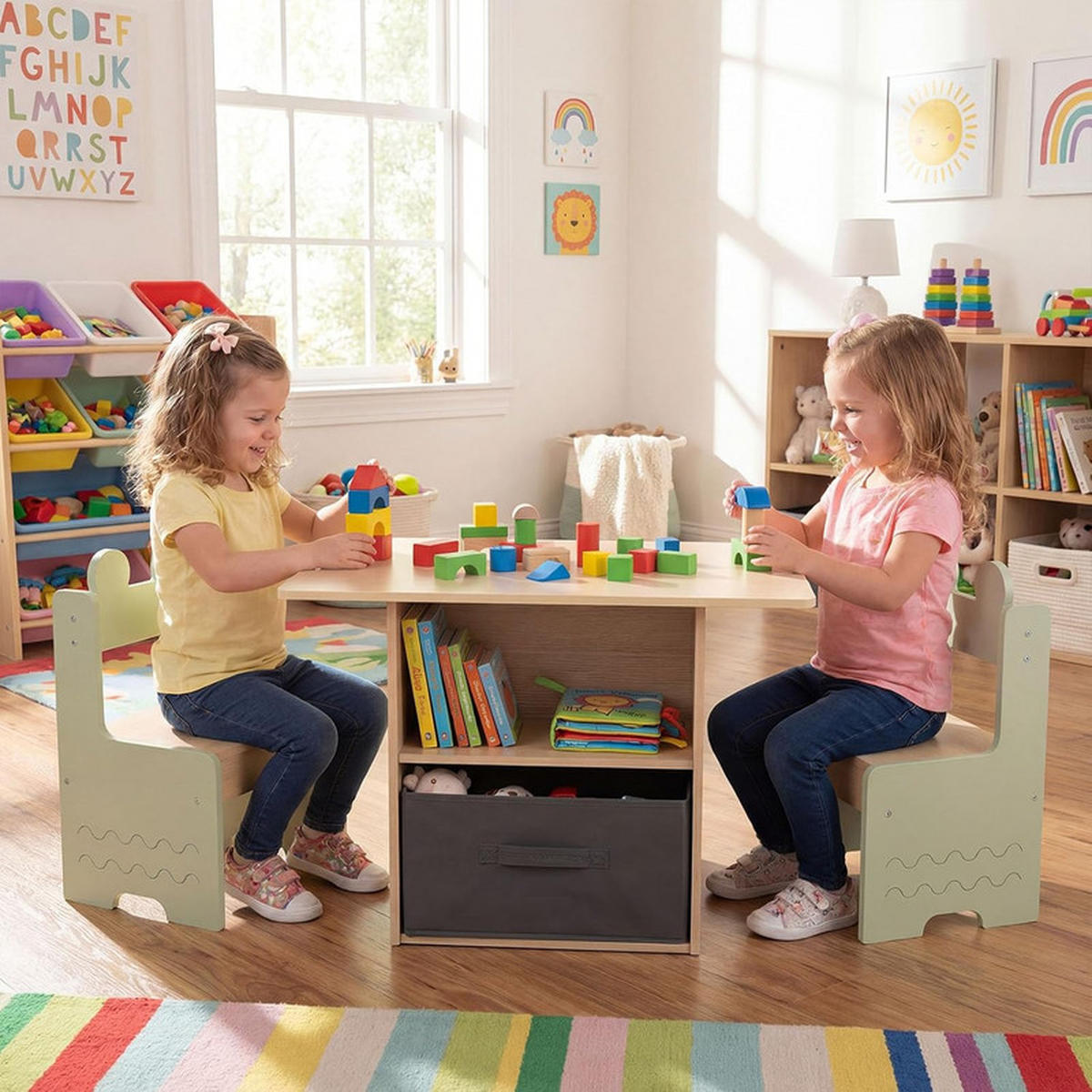 KINDERTISCH mit Stuhl grün(3-tlg) - Grün, Holzwerkstoff (70/49.5/48cm) - COSTWAY