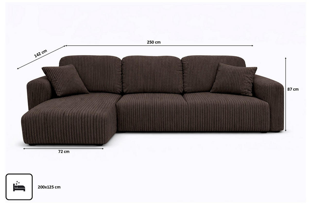 ECKSOFA Mit Schlaffunktion Und Bettkasten, Sofa L-Form Bingo L, Cordstoff Poso, Braun, Links - Braun, Holz (250/142cm) - Kaiser Möbel