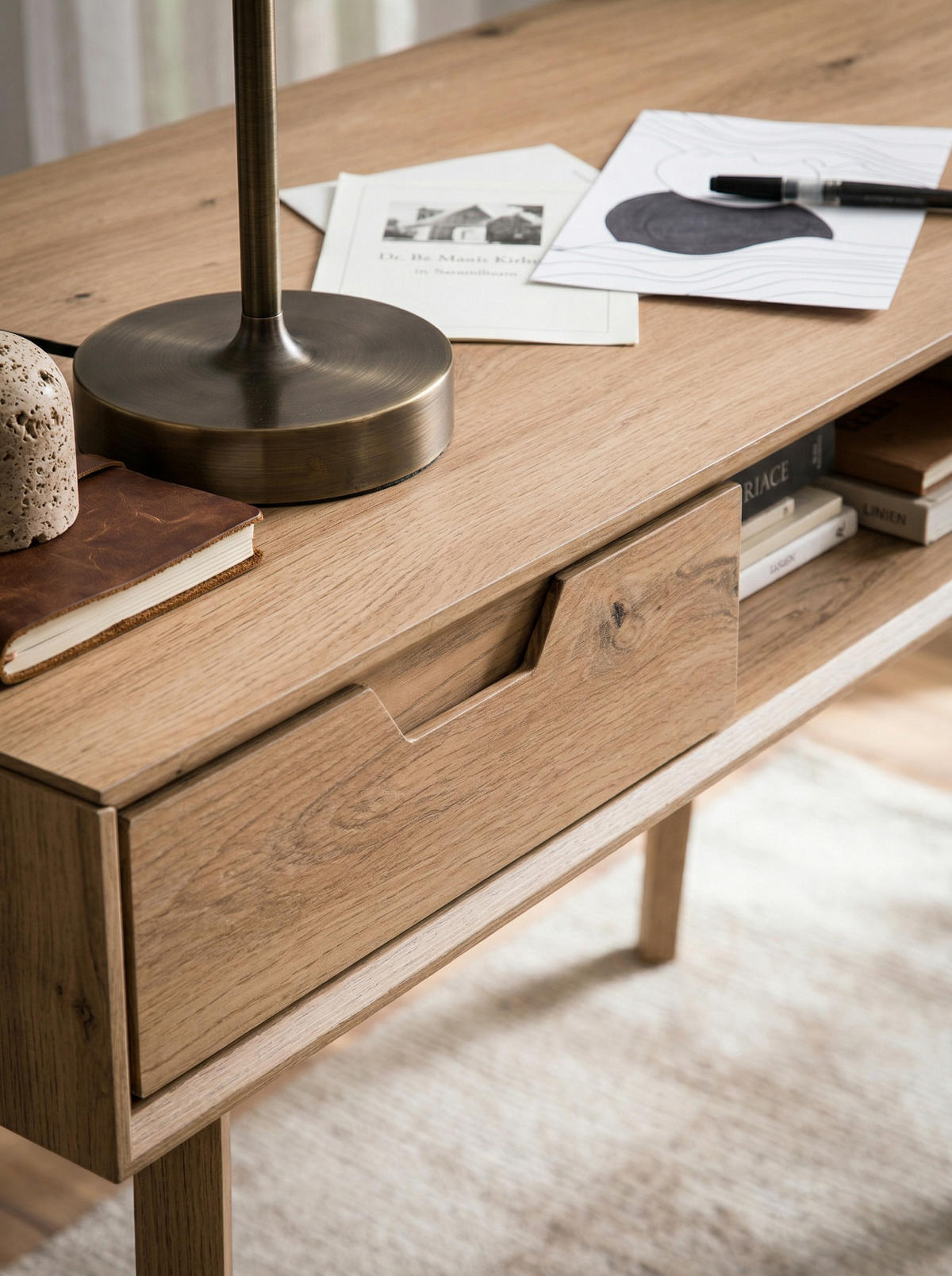 SCHREIBTISCH – 120x55x77 cm, Skandinavischer Stil, 2 Schubladen, Eichenbeine - Beige, Eichenholz/Holz (55/120/77cm) - KADIMA DESIGN