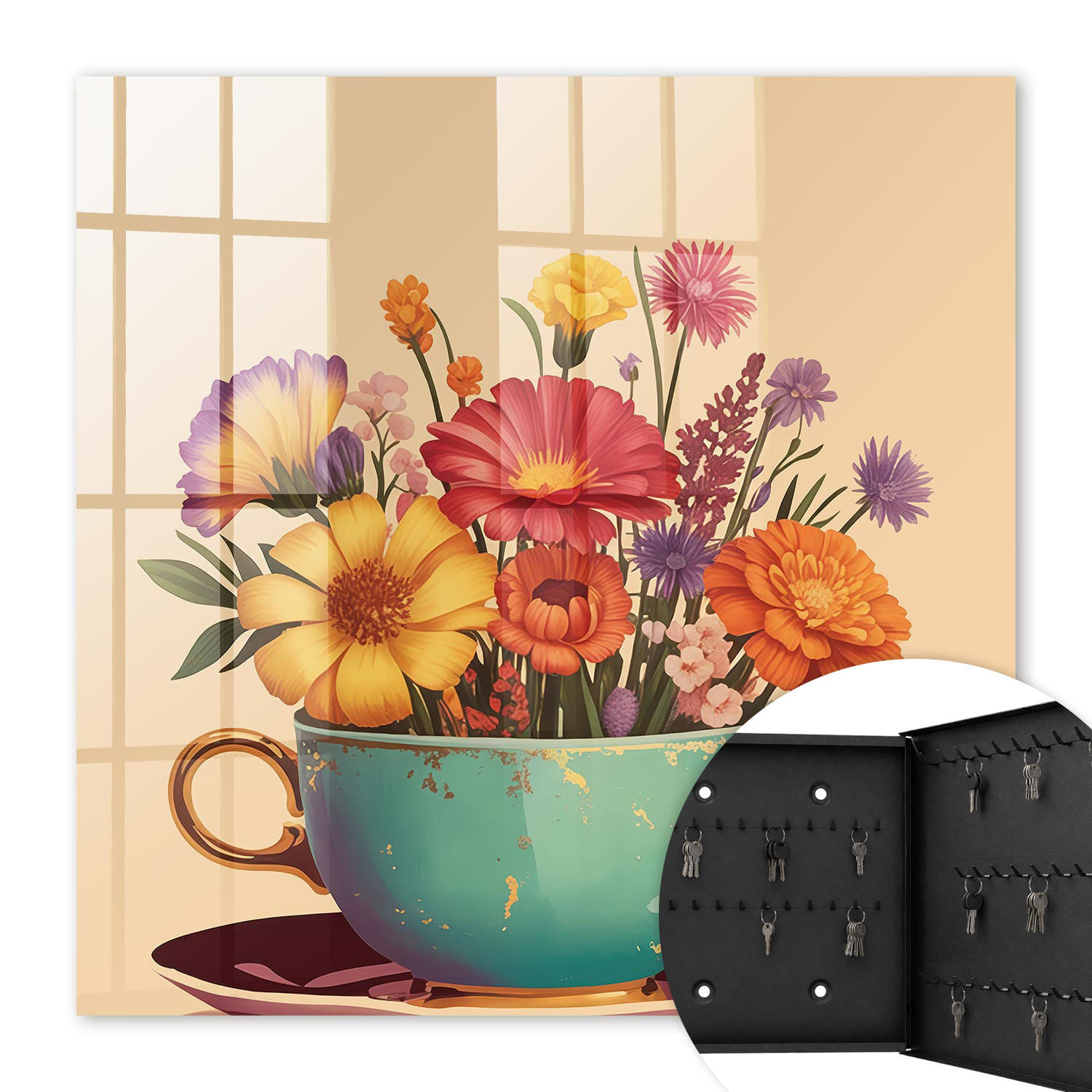 SCHLÜSSELBOX Schwarz 30x30 cm- Türöffnung nach rechts - Blumenbecher - Türkis, Metall (30/30/5cm) - TULUP