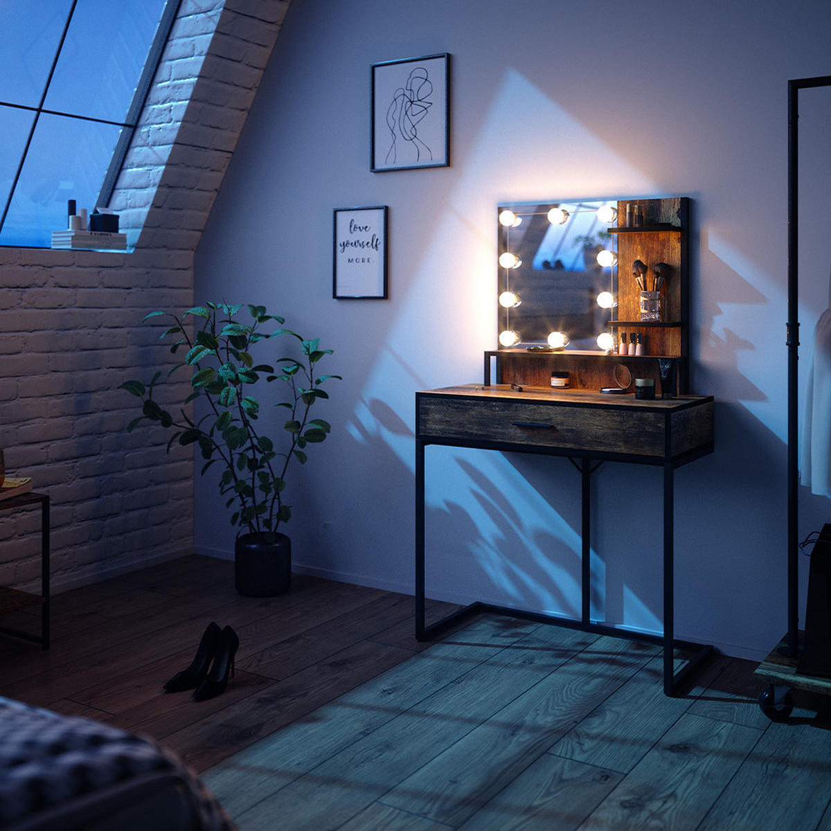 SCHMINKTISCH Fyrk Antikholz 80 cm mit LED-Lampen - Alteiche/Schwarz, Holzwerkstoff (80/135.5/40cm) - Vicco