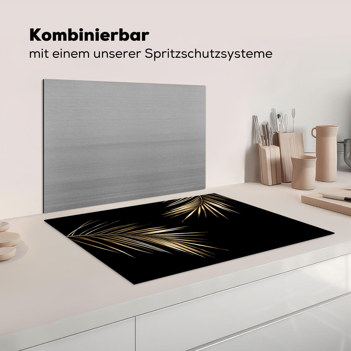 HERDABDECKPLATTE Blätter - Pflanzen - Gold - Schwarz - Luxus Herdabdeckung Induktionsfeld 75x52 cm - Goldfarben, Kunststoff (75/52/0.2cm) - MuchoWow