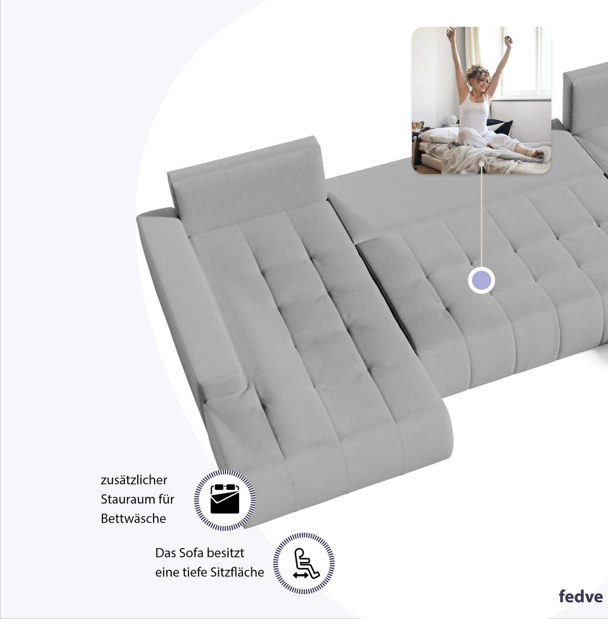 WOHNLANDSCHAFT mit Schlaffunktion Dhaka U, Hellgrau - Hellgrau, Textil (185/85/350cm) - Fedve