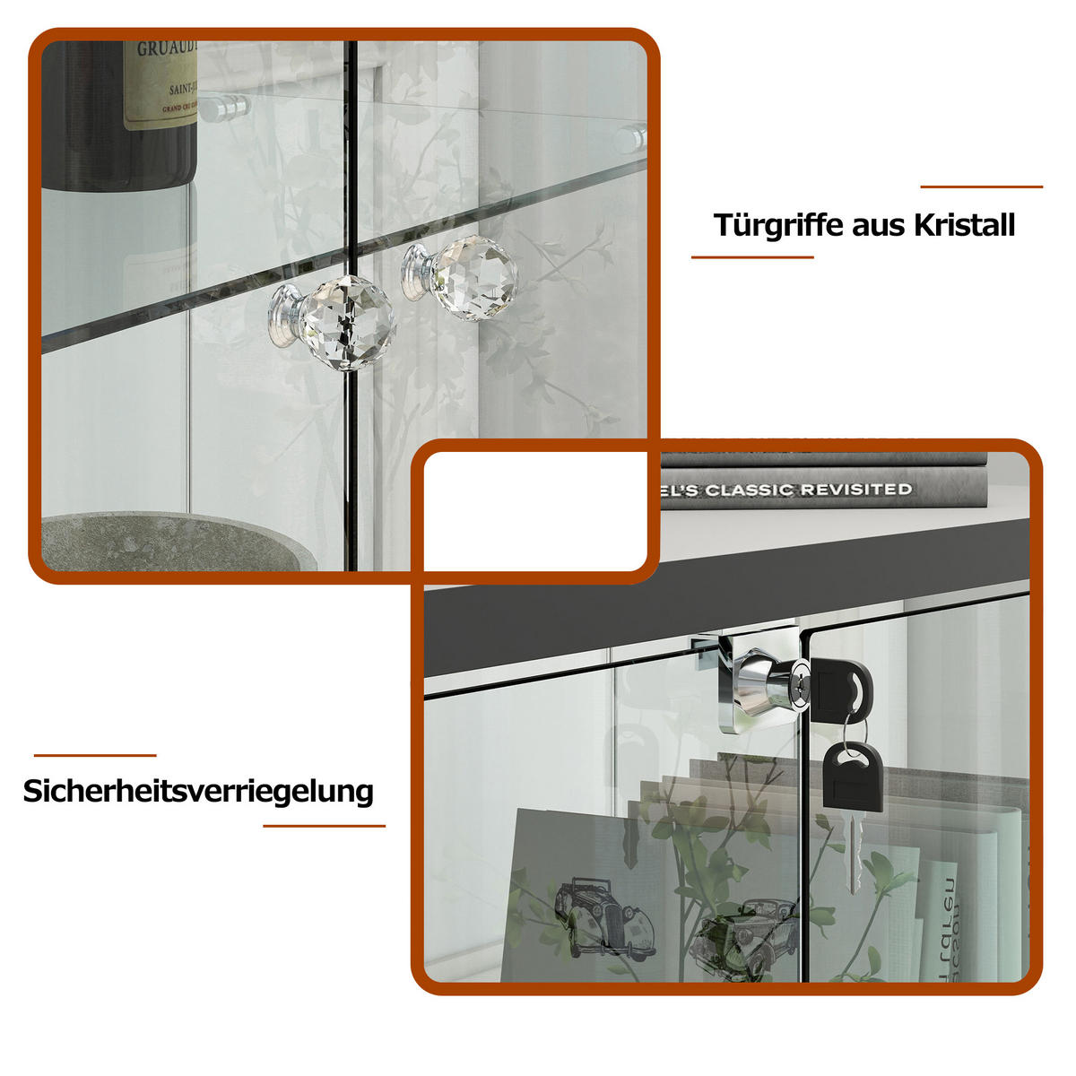 VITRINE aus MDF und Glas 36,5x42,5x167 cm Schwarz mit LED-Beleuchtung, Rollen und abschließbarem Stauraum - Schwarz, Holzwerkstoff (42.5/167/36.5cm) - Modfu