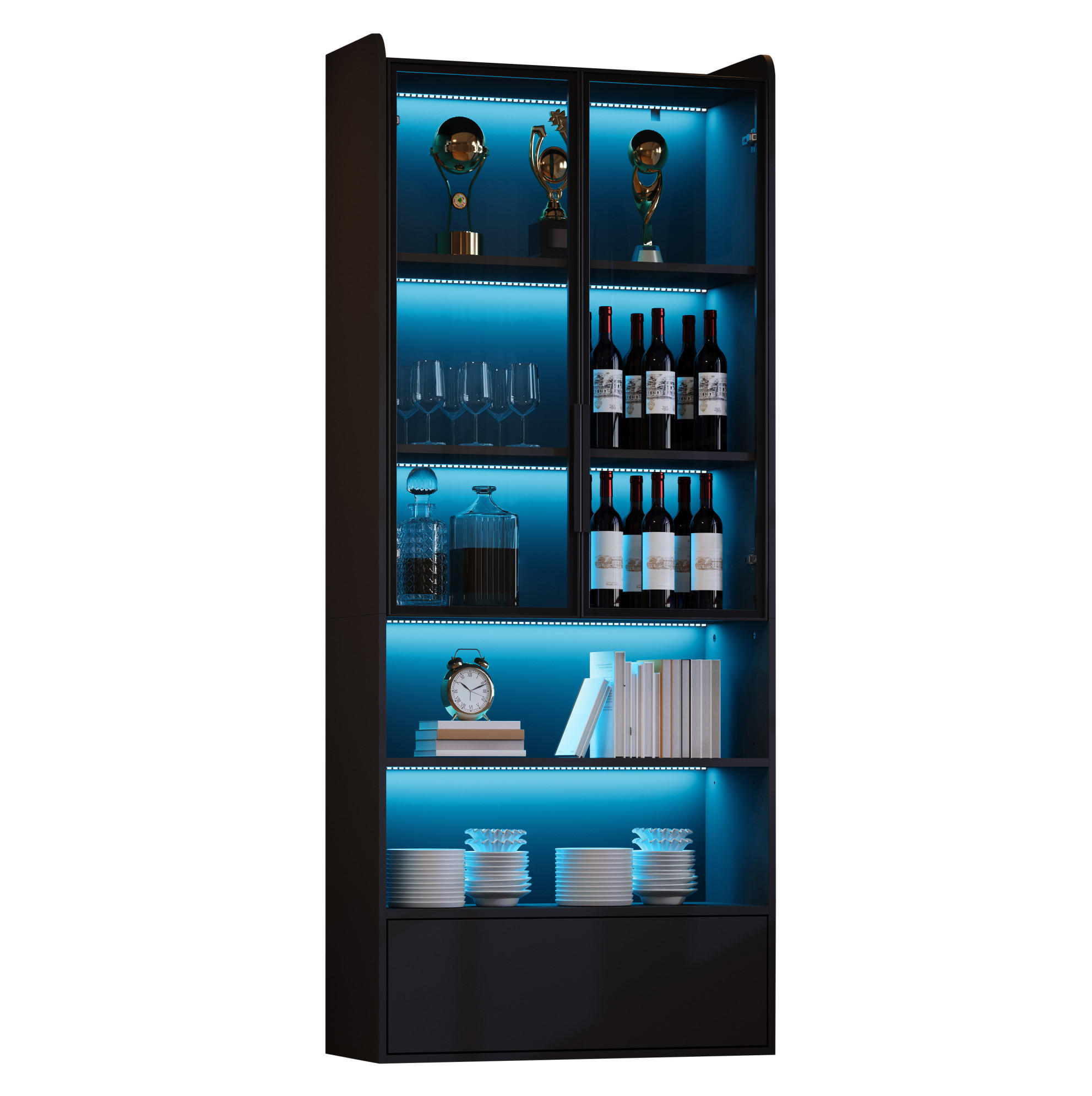 VITRINE mit LED 80x34x180 cm MDF Glas Schwarz - Schwarz, Glas (34/180/80cm) - Beauniv