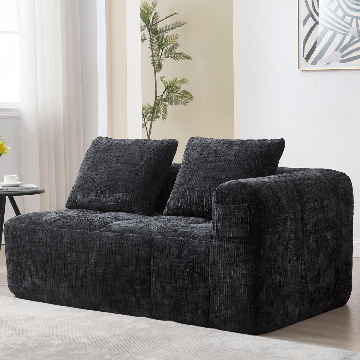 SOFA mit Seitentaschen ca. 158 x 90 cm Chenille Schwarz - Schwarz, Kunststoff (158/60/90cm) - Meubliv