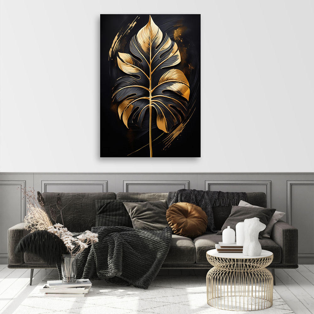 WANDBILD schwarzes und goldenes monstera blatt - Goldfarben, Textil (70/100cm) - Feeby