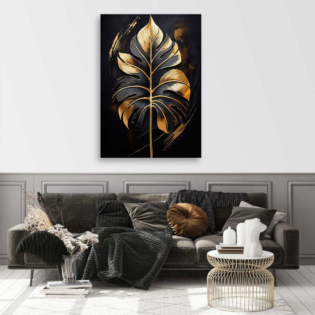 WANDBILD schwarzes und goldenes monstera blatt - Goldfarben, Textil (70/100cm) - Feeby