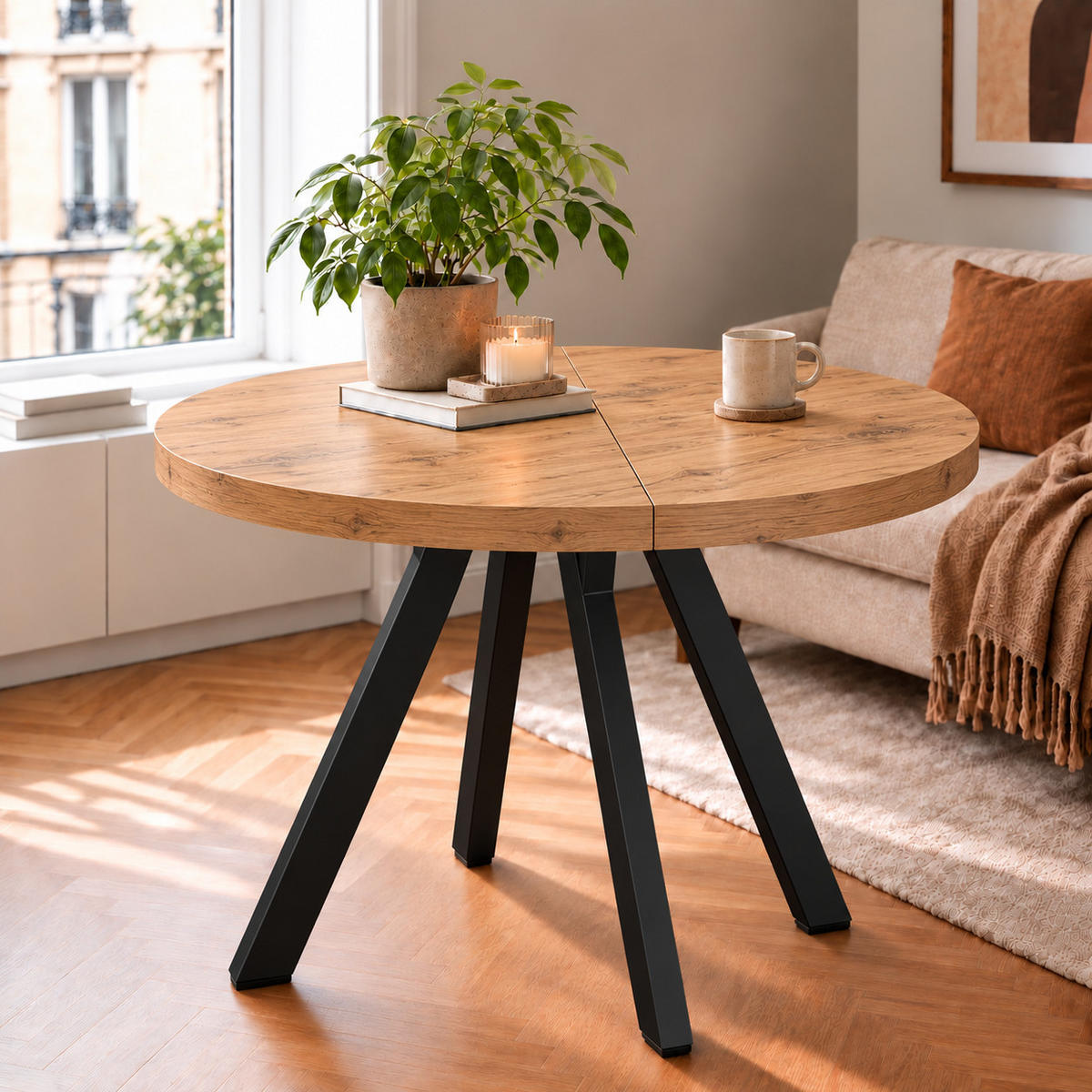 ESSTISCH rund ausziehbar 90/190/76 cm, Eiche Craft, 54 cm Tischplatte + Y Metallgestell Schwarz - Eichefarben/Schwarz, Holzwerkstoff/Metall (90/190/76cm) - Damale Möbel