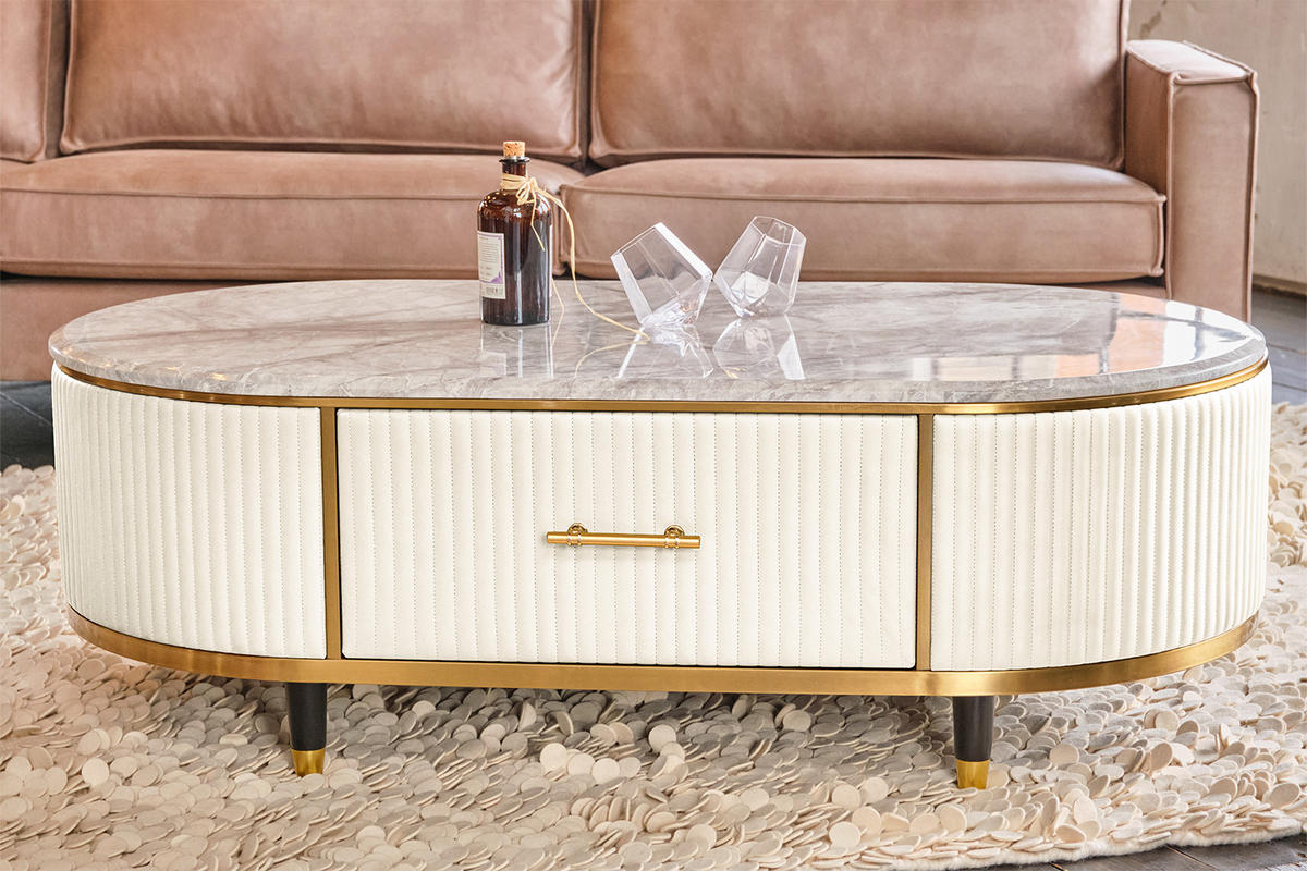 COUCHTISCH MARIA Weiß Kunstleder - Schwarz/Weiß, Stein/Metall (70/130/45cm) - KAWOLA