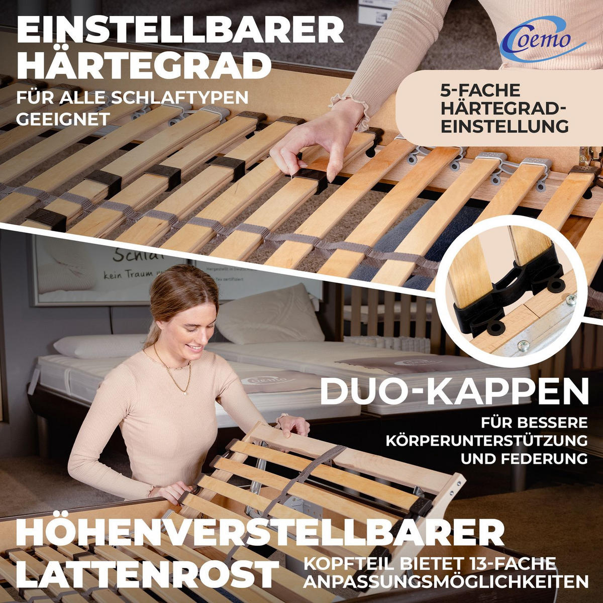 LATTENROST ERGO K 90x190 cm Kopfteil verstellbar - Naturfarben, Holz (90/190cm) - Coemo