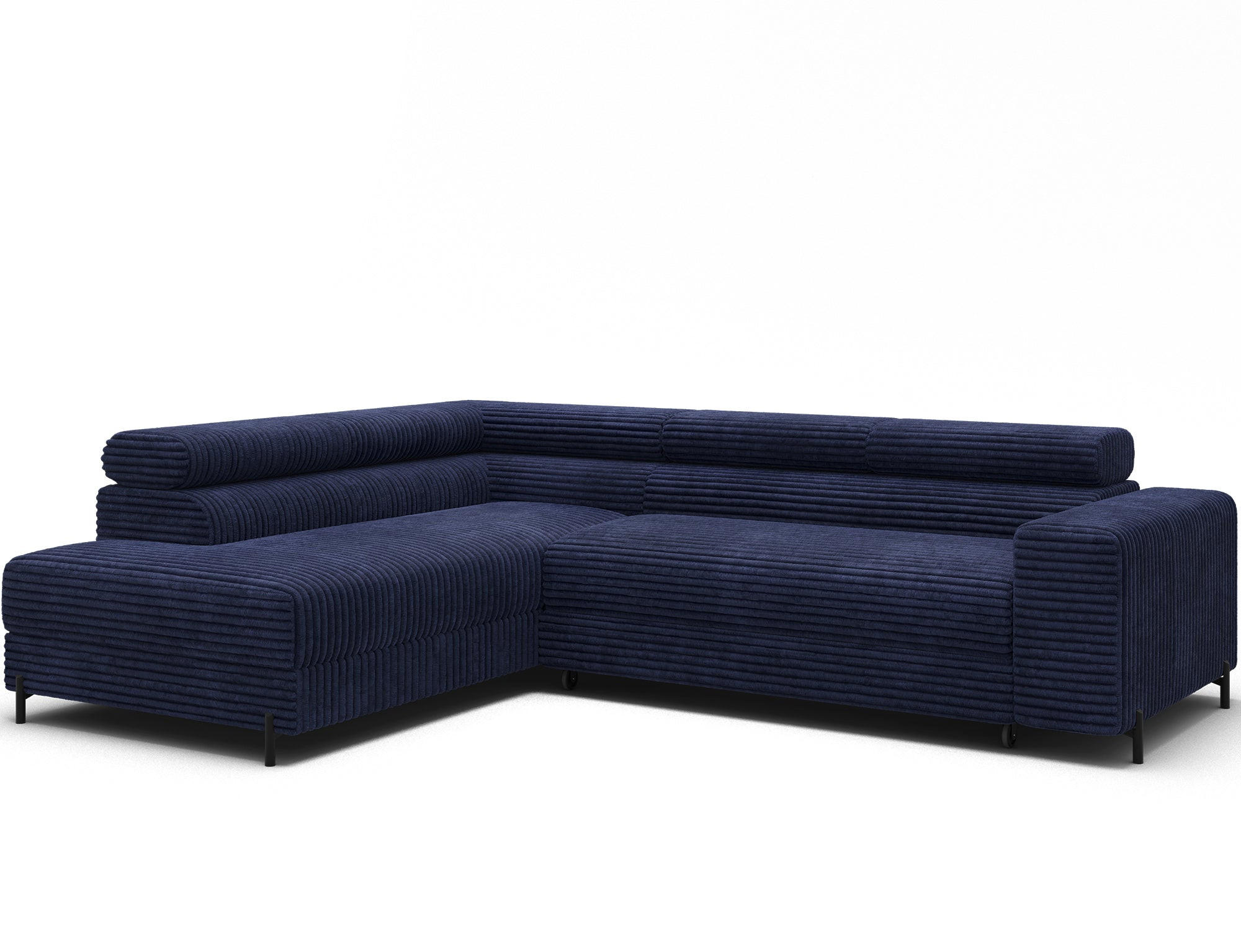 ECKSOFA COLESIO L-Form, Schlaffunktion, Bettkasten, verstellbare Kopfstützen, Wellenfederung, Metallfüße, breiter Cordstoff - Schwarz/Dunkelblau, Kunststoff/Metall (269/204cm) - Wohnideebilder