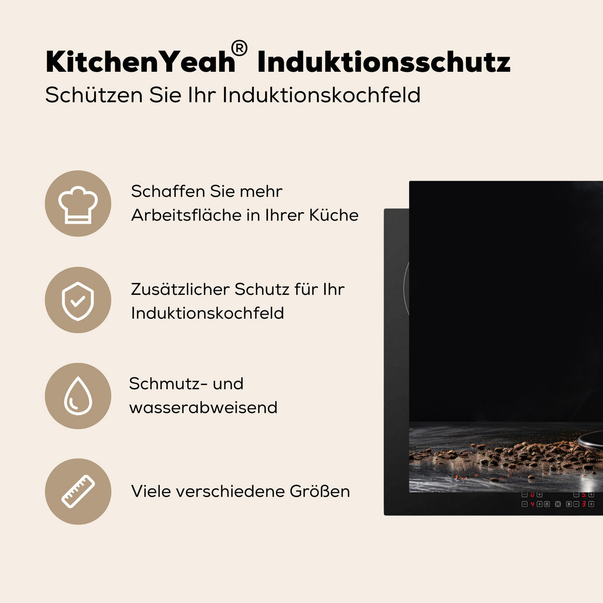 HERDABDECKPLATTE Kaffee - Schwarz - Bohnen - Heiß - Tasse Ceranfeldabdeckung 90x52 cm - Schwarz, Kunststoff (90/52/0.2cm) - MuchoWow