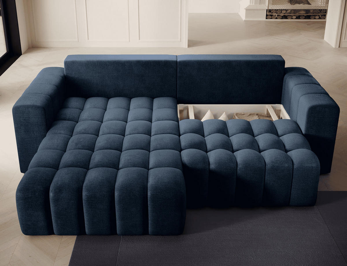 ECKSOFA mit Schlaffunktion und Bettkasten, Velours-Stoff - Schwarz/Dunkelblau, Textil (250/175cm) - Eltap