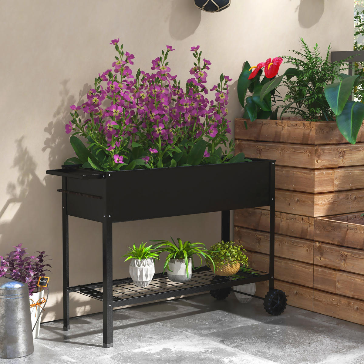 HOCHBEET DE-16033 mit Etagere und Rollen Schwarz - Schwarz, Metall (109/80/44cm) - ComfortXL